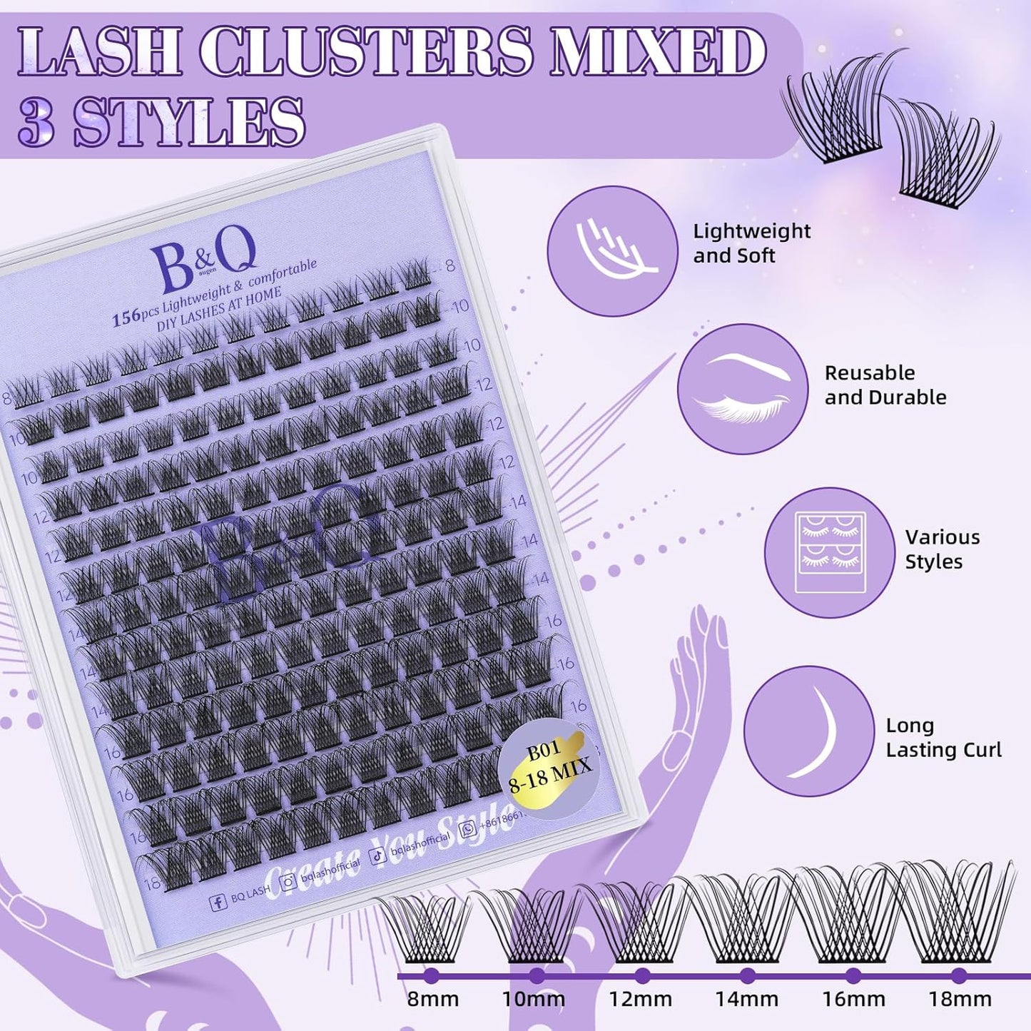 Lash Extension Kit B01 Eyelash Extension Kit B&Qaugen DIY Lash Extension Kit 156 PCS Lash Clusters 8-18mm Cluster Eyelash Extensions Kit with Lash Bond and Seal Lash Applicator Tool (Kit,B01)-FemmiqueWomen