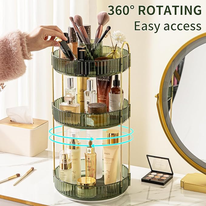 360° Rotating Makeup Organizer, Large-Capacity Skincare Make Up Storage 3 Tier Perfume Organizers Cosmetic Dresser Organizer with Makeup Brush Holder, Fits Bedroom, Bathroom, Vanity Shelf Countertop-FemmiqueWomen