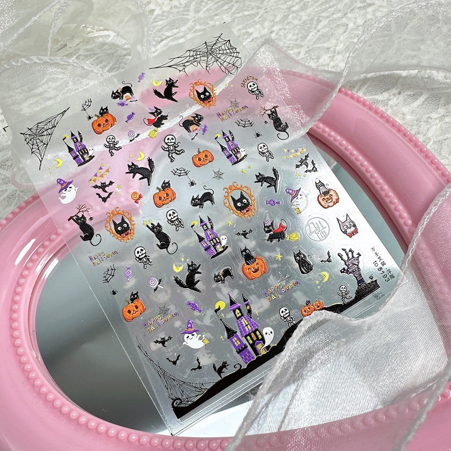 1 Sheets Embossed Halloween Nail Stickers for Nail Art Cute Pumpkin Black Cat Nail Decals Self-Adhesive Horror Ghost Skeleton Nail Art Stickers 5D Spider Web Nail Design Decals for Women-FemmiqueWomen