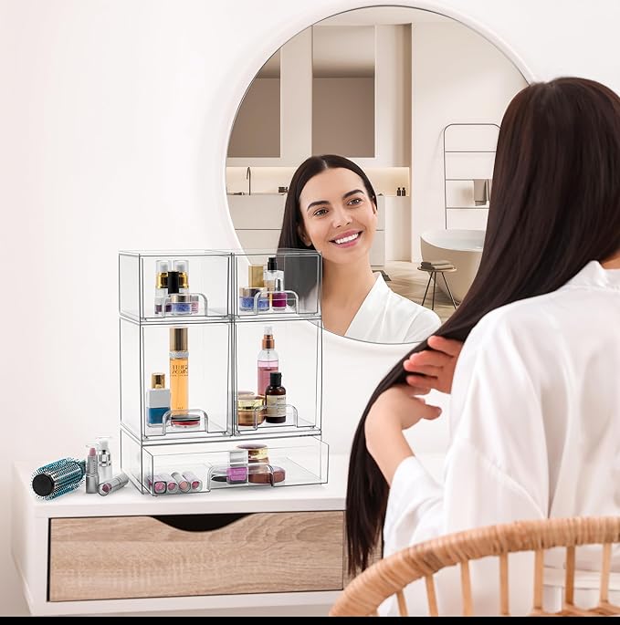 Sorbus Acrylic Storage Containers - 4 Pack, Stackable Storage Bins Set for Bathroom Organization - Clear Acrylic Drawer Organizers - Makeup Case Pull-Out Drawers (4.4’’ Tall)-FemmiqueWomen