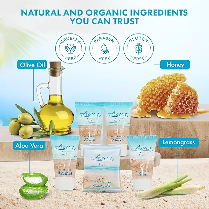 1-Shoppe All-In-Kit|Aqua Organics Amenity Kit|Boxed Hotel Toiletries|Bulk Set 1oz Travel Size Shampoo,Conditioner,Lotion,Body Wash & Bar Soap for Guest Hospitality AirBnB/Vacation Rentals|5 Pieces-FemmiqueWomen