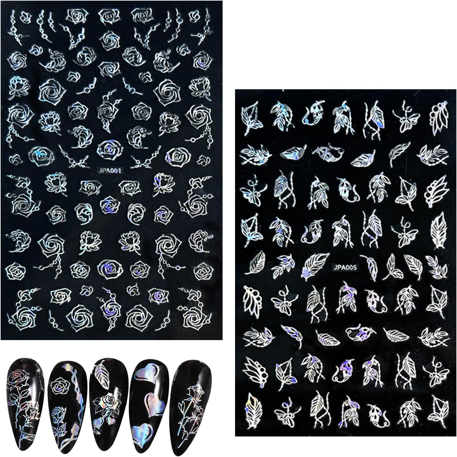 10 Sheets Flower Nail Stickers Silver 3D Self-Adhesive Leaf Art Designs Holographic Laser Manicure Accessories, Style6-FemmiqueWomen