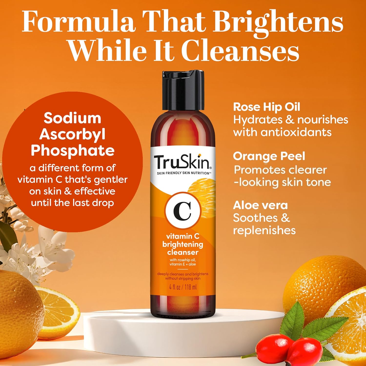 TruSkin Vitamin C Cleanser for Face - Brightening Face Wash with Vitamins C & E, Rosehip Oil, Aloe Vera and MSM - Deep Clean and Refresh for Radiant, Healthy-Looking Skin, 4 fl oz-FemmiqueWomen