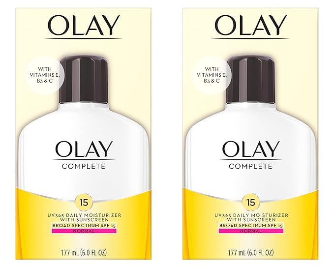 Olay Face Moisturizer, Complete with Sunscreen SPF 15, Daily Facial Lotion for Normal Skin, Lightweight Hydrating Broad Spectrum Sun Protection - Vitamin C, E, and Niacinamide - 6 Oz 2 Pack-FemmiqueWomen
