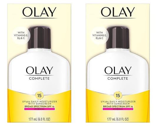 Olay Face Moisturizer, Complete with Sunscreen SPF 15, Daily Facial Lotion for Normal Skin, Lightweight Hydrating Broad Spectrum Sun Protection - Vitamin C, E, and Niacinamide - 6 Oz 2 Pack-FemmiqueWomen