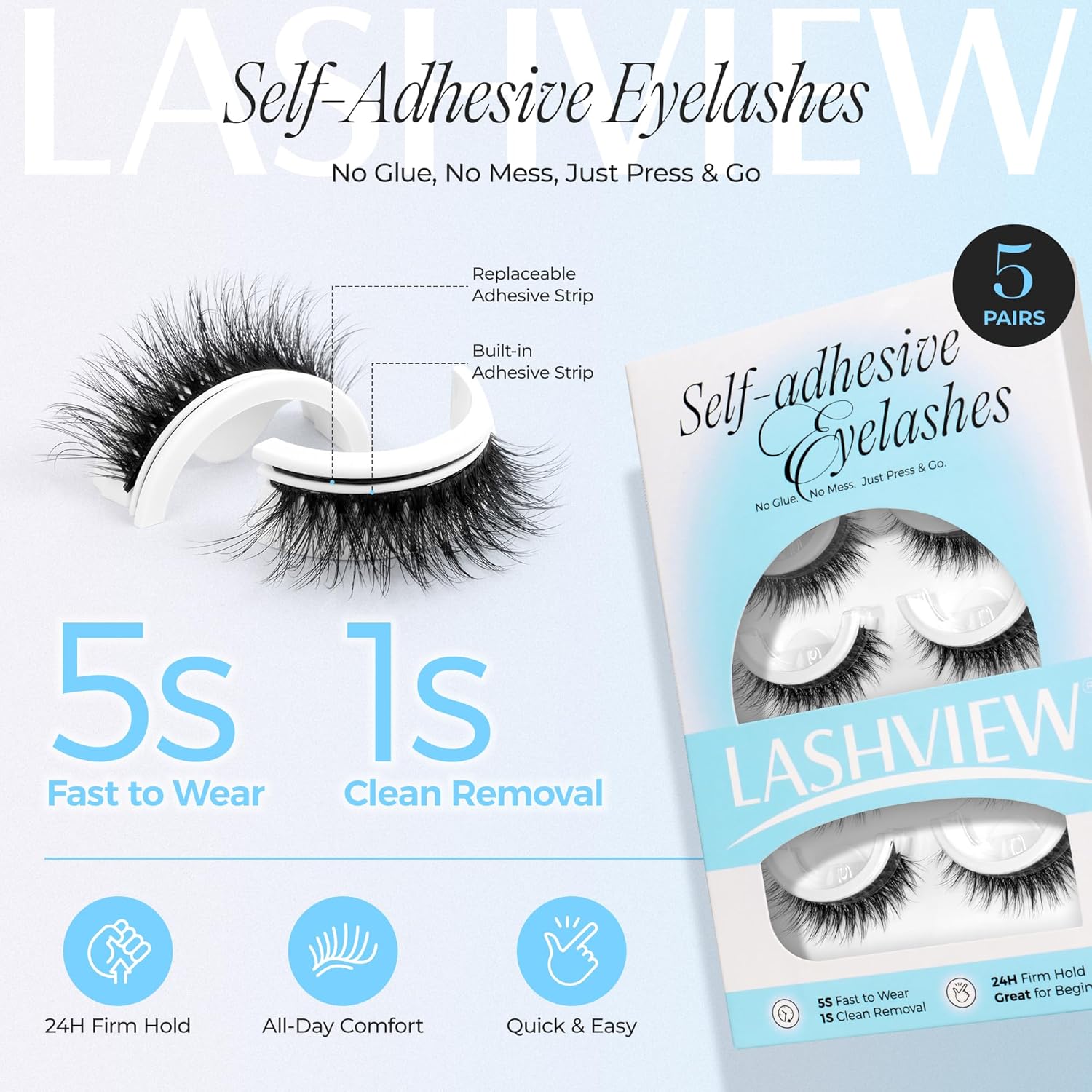 LASHVIEW Self Adhesive Eyelashes 5 Pairs Cat Eye Wispy Self-adhesive False Lashes Reusable Natural Look Press On Lashes No Glue Need Eyelashes with Replacement Adhesive Strips (CV122)-FemmiqueWomen