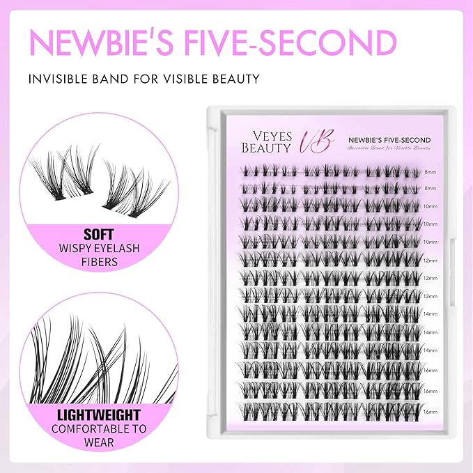 VEYESBEAUTY Lash Clusters Eyelash Extensions Thin & Invisible Band DIY Individual False Eyelashes Newbie's Five-Second Series Wispy Lash Tray for Self-application, Whisper Lashes 8-16mm Mixed Length-FemmiqueWomen