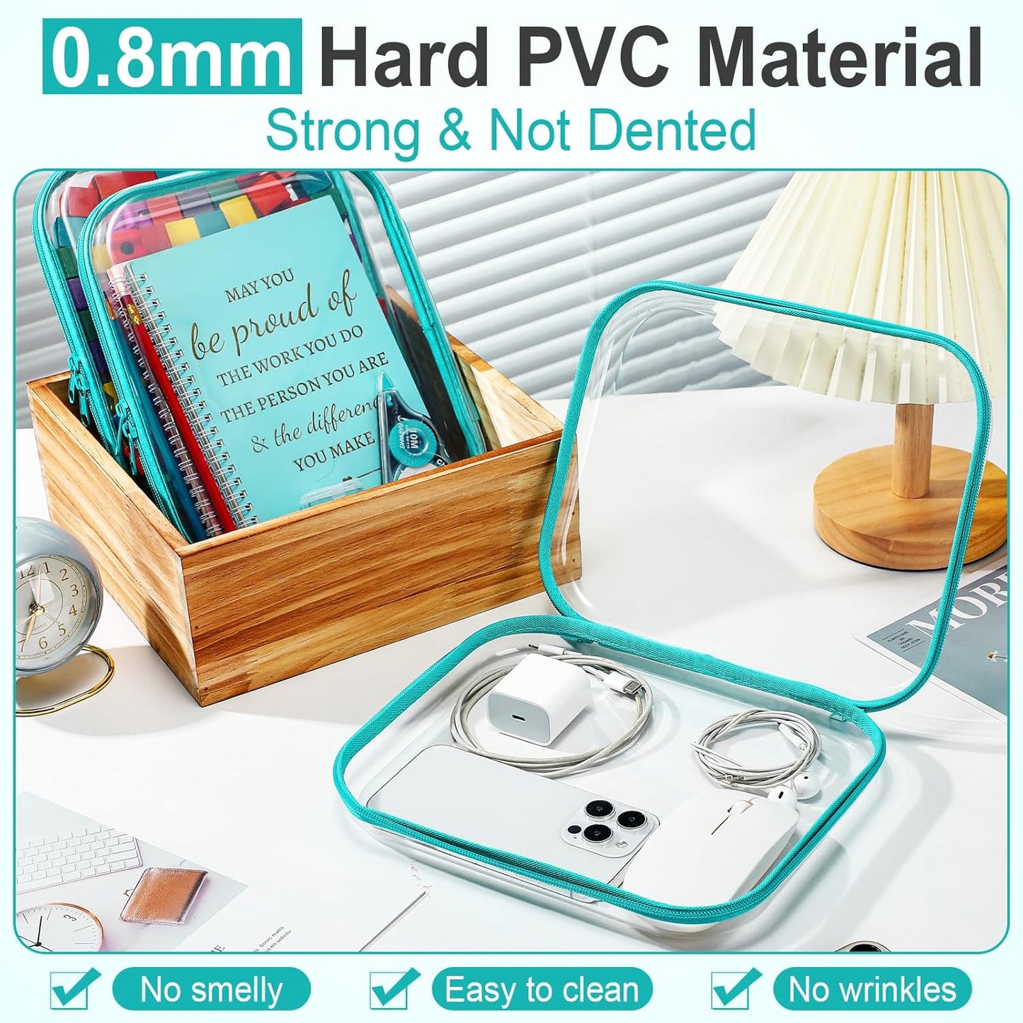 Sanwuta 6 Pcs Clear Hard Zipper Case Pencil Pouches Hard Plastic Zipper Pouches Makeup Bag Transparent Cases for Snacks Plastic Storage Organizer Box for Travel(Teal,9.84 x 7.87 x 2 Inch)-FemmiqueWomen