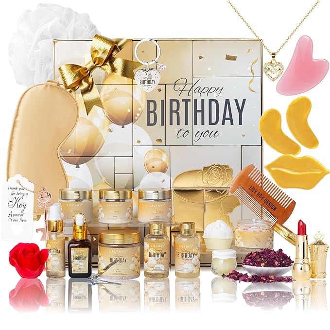 24Pcs Happy Birthday Gifts for Women Mom - Luxury Birthday Presents Spa Gift Set, Bath and Body Gift for Sister Girlfriend Wife Grandma with Necklace, Birthday Gift Set Idea for Women Female Friends-FemmiqueWomen