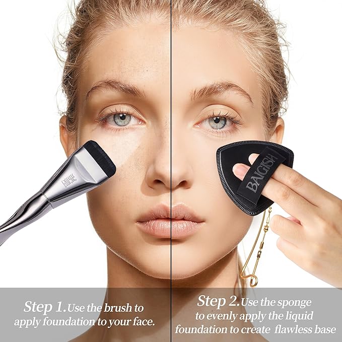 Makeup Sponge 1 Powder Puff +1 Smooth Foundation Brush for Liquid, Cream and Makeup,Super Soft, Makeup Blender, Latex Free Seamless Flawless Soft Setting Couple Set-FemmiqueWomen