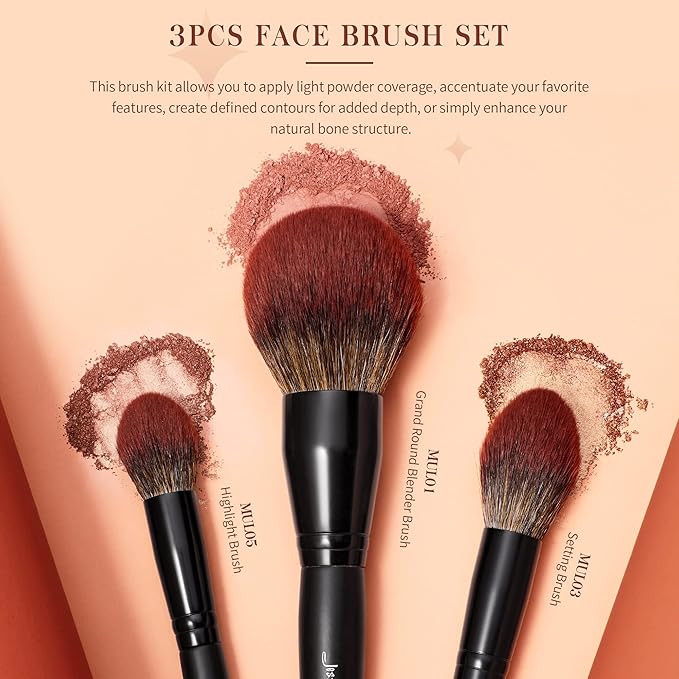 Jessup Large Face Makeup Brushes 3pcs, Premium Synthetic Powder Contour Highlighter Brush, Phantom Black T274-FemmiqueWomen