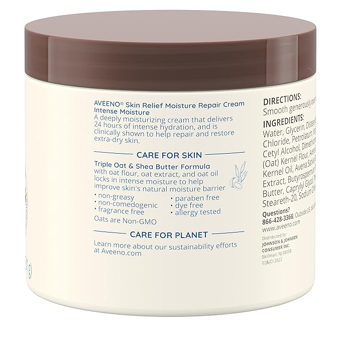 Aveeno Skin Relief Intense Moisture Repair Body Cream with Triple Oat & Shea Butter Formula, Helps Relieve & Restore Extra-Dry Skin with Long-Lasting Moisture, Fragrance-Free, 11 oz-FemmiqueWomen