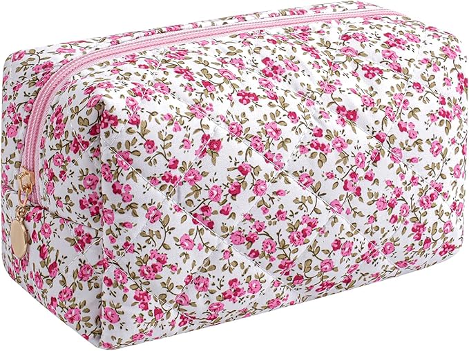 Makeup Bag Travel Cosmetic Bag for Women Girls, Zipper Make Up Pouch, Floral Flowers Toiletry Organizer Makeup, Portable Storage Cosmetic Travel Cloth Bag (Red-Floral)-FemmiqueWomen