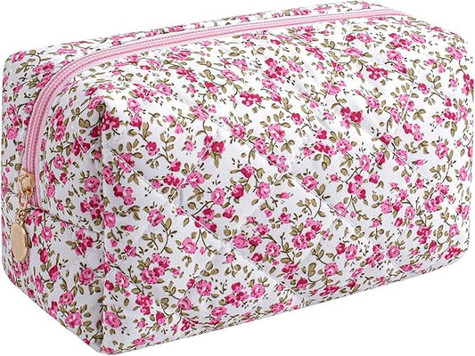 Makeup Bag Travel Cosmetic Bag for Women Girls, Zipper Make Up Pouch, Floral Flowers Toiletry Organizer Makeup, Portable Storage Cosmetic Travel Cloth Bag (Red-Floral)-FemmiqueWomen