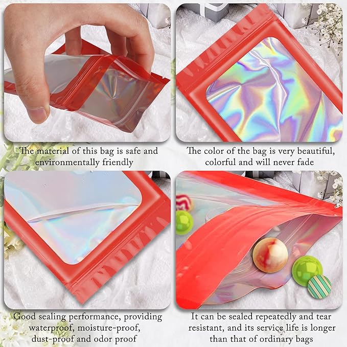 100 Pieces Smell Proof Mylar Resealable Bags, Holographic Packaging Bags, Resealable Odor Foil Pouch Zip Bag with Clear Window for Food Storage and Lipgloss, Jewelry Lash (Red, 3.5 x 6.3 Inch)-FemmiqueWomen