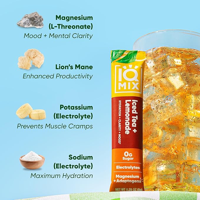 IQMIX Hydration Electrolyte Powder – 4-in-1 Formula for Hydration, Mental Clarity, Mood and Recovery – Sugar-Free Drink Mix, Keto, Magnesium L-Threonate, Lion’s Mane – 20 Count New Iced Tea Lemonade-FemmiqueWomen