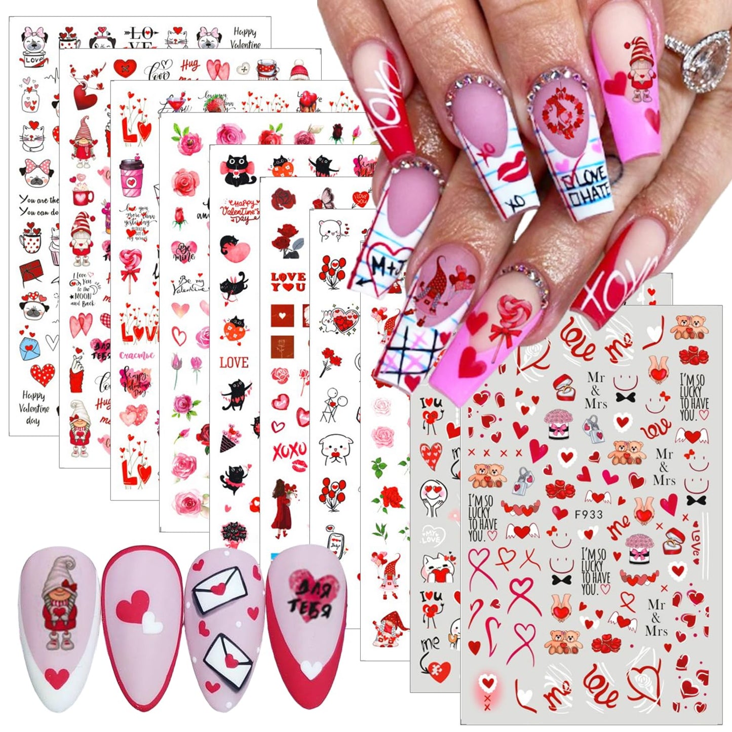 10 Sheets Valentines Day Nail Art Stickers 3D Heart Nail Decals Self-Adhesive Nail Art Design Decals Nail Supplies Red Pink Rose Sexy Lips Love Gnome Nail Stickers for Women DIY Manicure Decoration-FemmiqueWomen