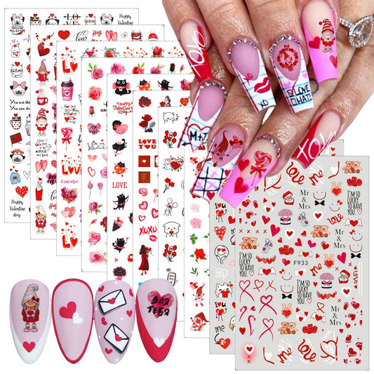 10 Sheets Valentines Day Nail Art Stickers 3D Heart Nail Decals Self-Adhesive Nail Art Design Decals Nail Supplies Red Pink Rose Sexy Lips Love Gnome Nail Stickers for Women DIY Manicure Decoration-FemmiqueWomen