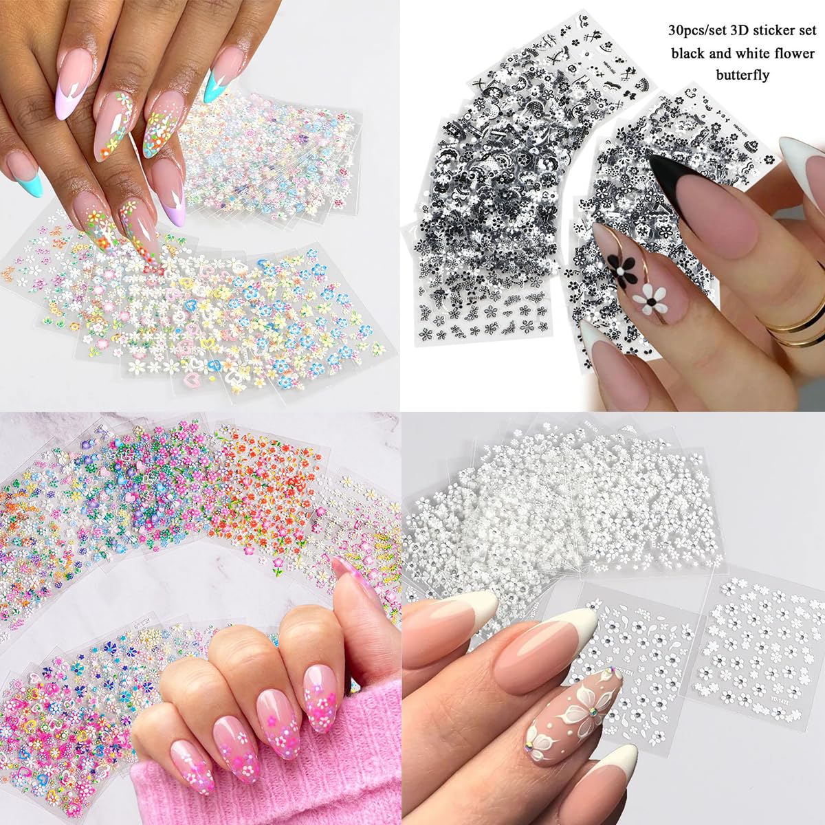 30 Sheets 3D Self-Adhesive Flower Nail Stickers - Black, White, Colorful Cherry Blossoms, Daisy Art for Gel Nails - Spring Design Supplies, DIY Charms Decoration for Women-FemmiqueWomen