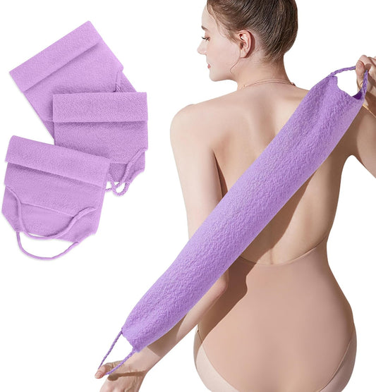 3 Pcs Double-Sided Back Exfoliator Body Scrub Towel, Exfoliating Back Scrubber with Handles,Exfoliating Washcloth Bath Tool in Shower, Stretchable Back Washer to Deep Cleans Skin (Purple)-FemmiqueWomen