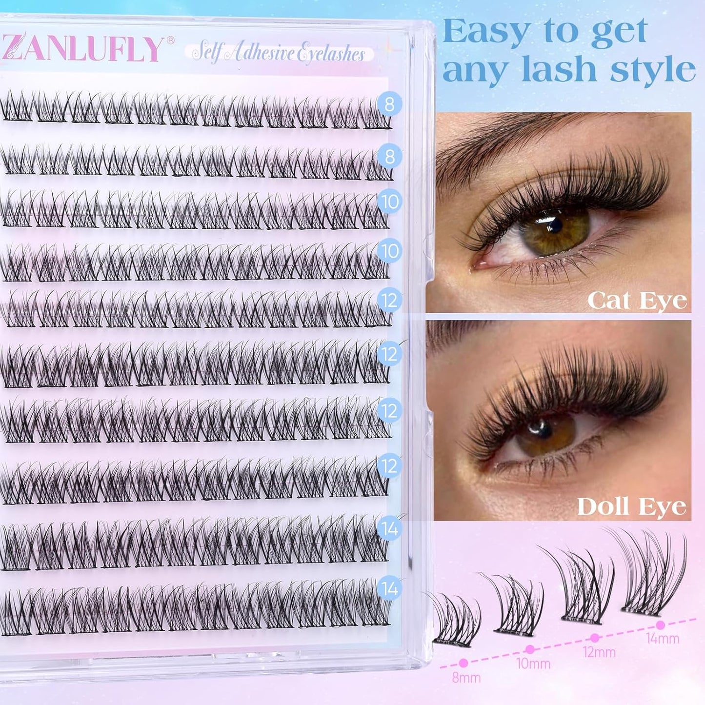 zanlufly Self Adhesive Lash Clusters No Glue Eyelashes C Curly Reusable Pre-glued Lashes No Damage Self Adhesive Eyelash Clusters Press on Eyelashes(8-14mm,120Pcs)-FemmiqueWomen