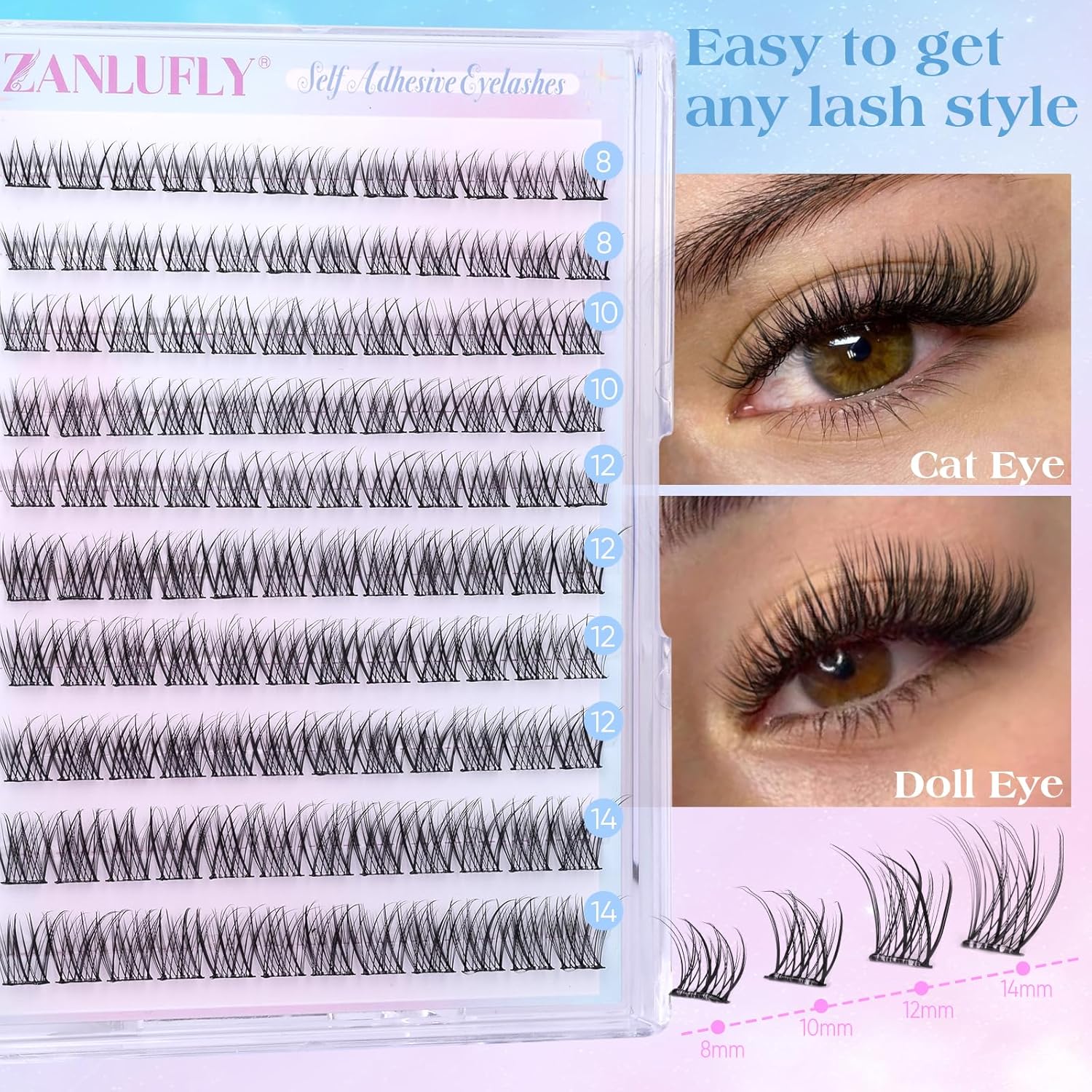 zanlufly Self Adhesive Lash Clusters No Glue Eyelashes C Curly Reusable Pre-glued Lashes No Damage Self Adhesive Eyelash Clusters Press on Eyelashes(8-14mm,120Pcs)-FemmiqueWomen