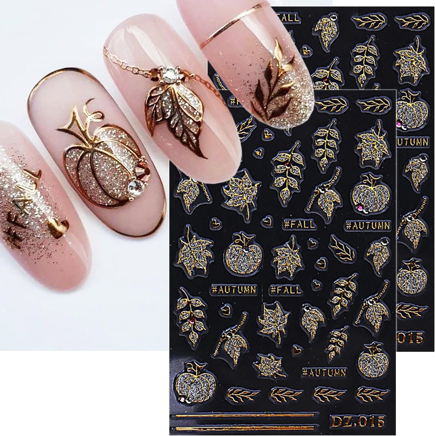 2 Sheets Fall Nail Stickers for Nail Art Glitter Gold Leaf Nail Art Stickers Embossed Autumn Pumpkin Nail Decals 5D Self-Adhesive Diamond Nail Design Sticker for Women Thanksgiving Nails Decoration-FemmiqueWomen