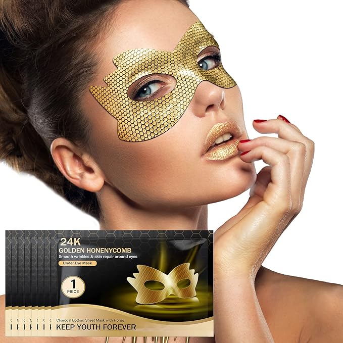 24k Gold Eye Masks, Under Eye Patches Honeycomb Eye Treatment Mask for Dark Circles and Puffiness, Eye Care Pads Skincare Reduce Puffy Wrinkles Eye Patch Gift for Adults Women Men Kids Girls -8 PCS-FemmiqueWomen