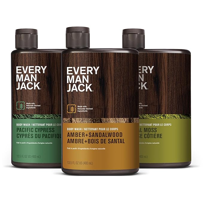 Every Man Jack Hydrating Mens Body Wash - Cleanse, Nourish, and Hydrate Skin with Naturally Derived Ingredients - Paraben Free - Amber + Sandalwood, Pacific Cypress and Coastal Moss - 3pk-FemmiqueWomen