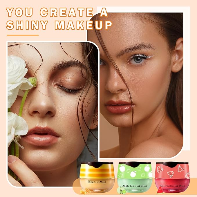 3PCS Bee Lip Balm Honey Pot Honey Watermelon Green Apple Lip Balm Lip Sleeping Mask Moisturizing Hydrating Bee Lip Balm Lip Care Products for All Skin Types (Honey Watermelon Green Apple)-FemmiqueWomen