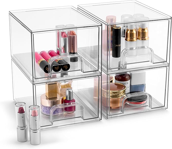 Sorbus Acrylic Storage Containers - 4 Pack, Stackable Storage Bins Set for Bathroom Organization - Clear Acrylic Drawer Organizers - Makeup Case Pull-Out Drawers (4.4’’ Tall)-FemmiqueWomen