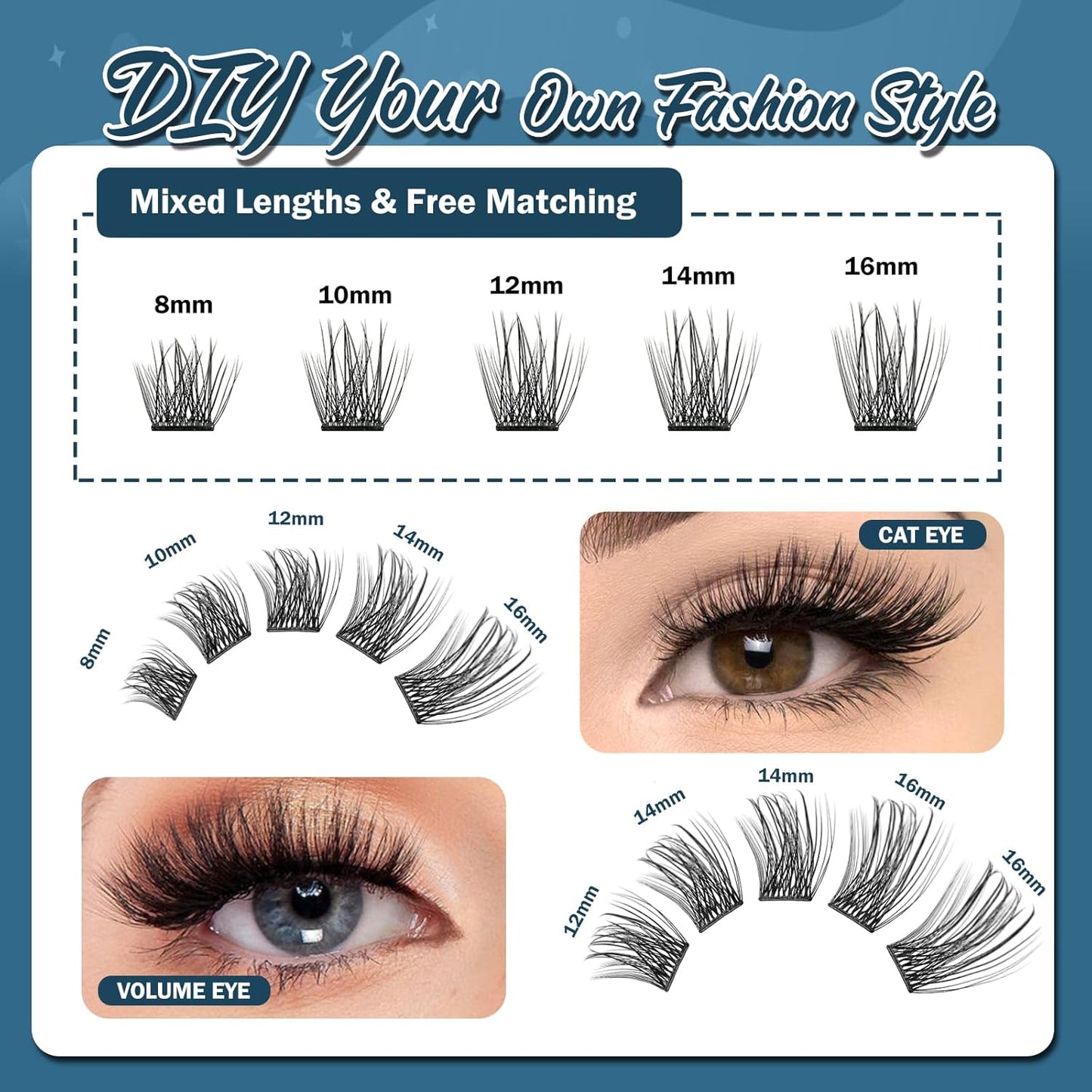 Self Adhesive Eyelashes, 156 PCS Self Adhesive Eyelash Clusters, No Glue Needed, Glue Strips Individual Lash Extension Super Sticky Reusable False Lashes (Fluffy-Mixed)-FemmiqueWomen