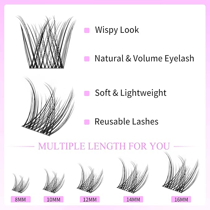 VEYESBEAUTY Lash Clusters Kit Individual Eyelash Extensions Thin & Invisible Band DIY False Eyelashes Newbie's Five-Second Series Wispy Lash Tray, LuxeBold KIT with Bond&Seal Remover Applicator-FemmiqueWomen