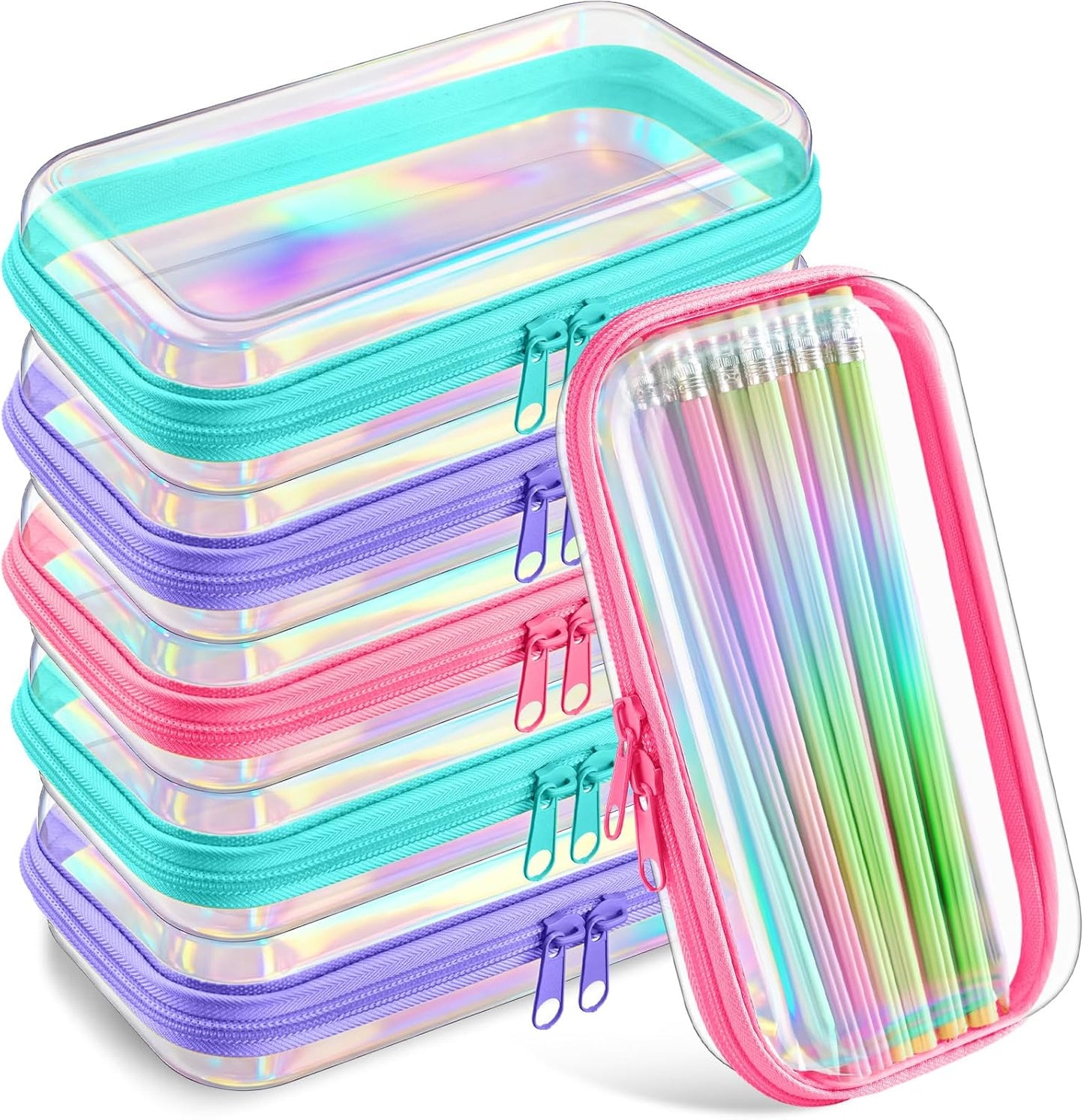 Sanwuta 6 Pcs Clear Hard Zipper Case Pencil Pouches Hard Plastic Zipper Pouches Makeup Bag Transparent Cases for Snacks Plastic Storage Organizer Box for Travel(Holographic,7.48 x 3.94 x 2 Inch)-FemmiqueWomen