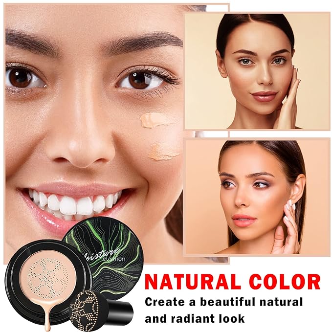 2PCS Mushroom Head Air Cushion CC Cream BB Cream Foundation,Moisturizing Concealer Makeup Base Foundation,Long Lasting Full Coverage Foundation with Mushroom Makeup Sponge(Natural)-FemmiqueWomen