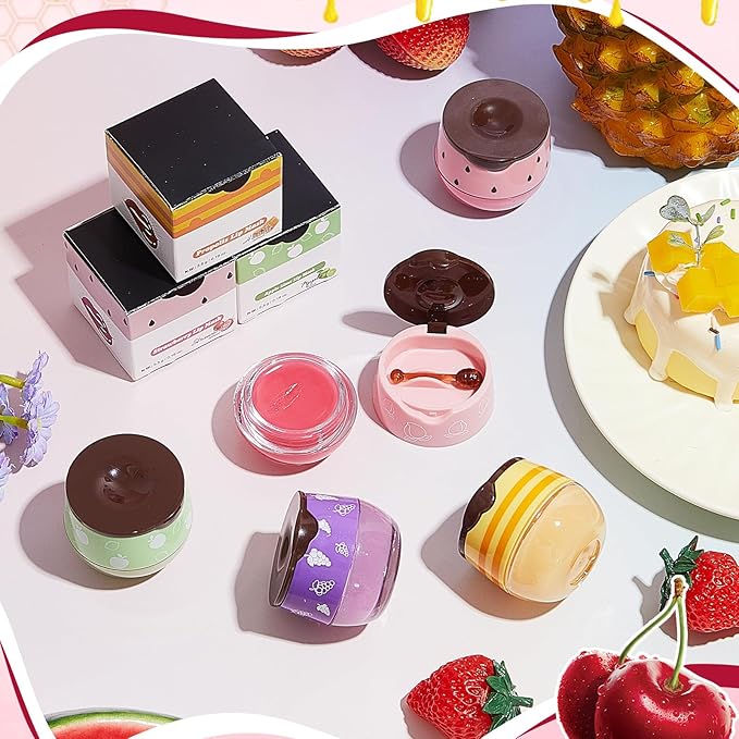 12 Pcs Bee Lip Balm Honey Pot with Brush Propolis Lip Mask Overnight, Moisturizing Hydrating Lip Sleeping Mask Prevention Dry and Cracked(Honey+Peach+Grape+Strawberry+Apple Lime+Mint)-FemmiqueWomen