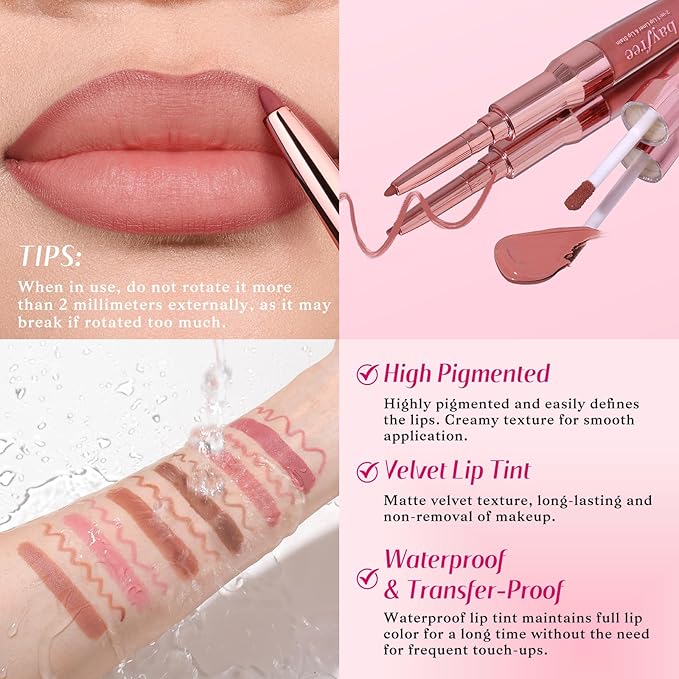 2-IN-1 Lip Liner and Lip Stain, High Pigmented Long Lasting Velvet Lip Tint, Well-Defined Lipliner, Weightless Waterproof Not Animal Tested, Matte Finish Makeup-FemmiqueWomen