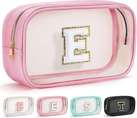 YOOLIFE Initial Make Up Bag Travel Toiletry Bag, Clear Makeup Bag Preppy Cosmetic Bags Organizer Travel Essentials Pink Gifts for Women Teen Girlfriend Teacher Mom Birthday Mothers Day Gifts E-FemmiqueWomen