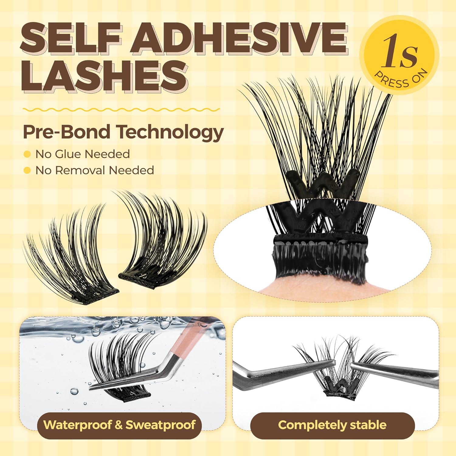 PopUp Self Adhesive Eyelashes Clusters, Press On Lashes Pre Glued Eyelash Extension Kit with Lash Tweezer,10-16mm No Glue No Remover Needed Self Adhesive Lashes Clusters ZNF23-D-FemmiqueWomen