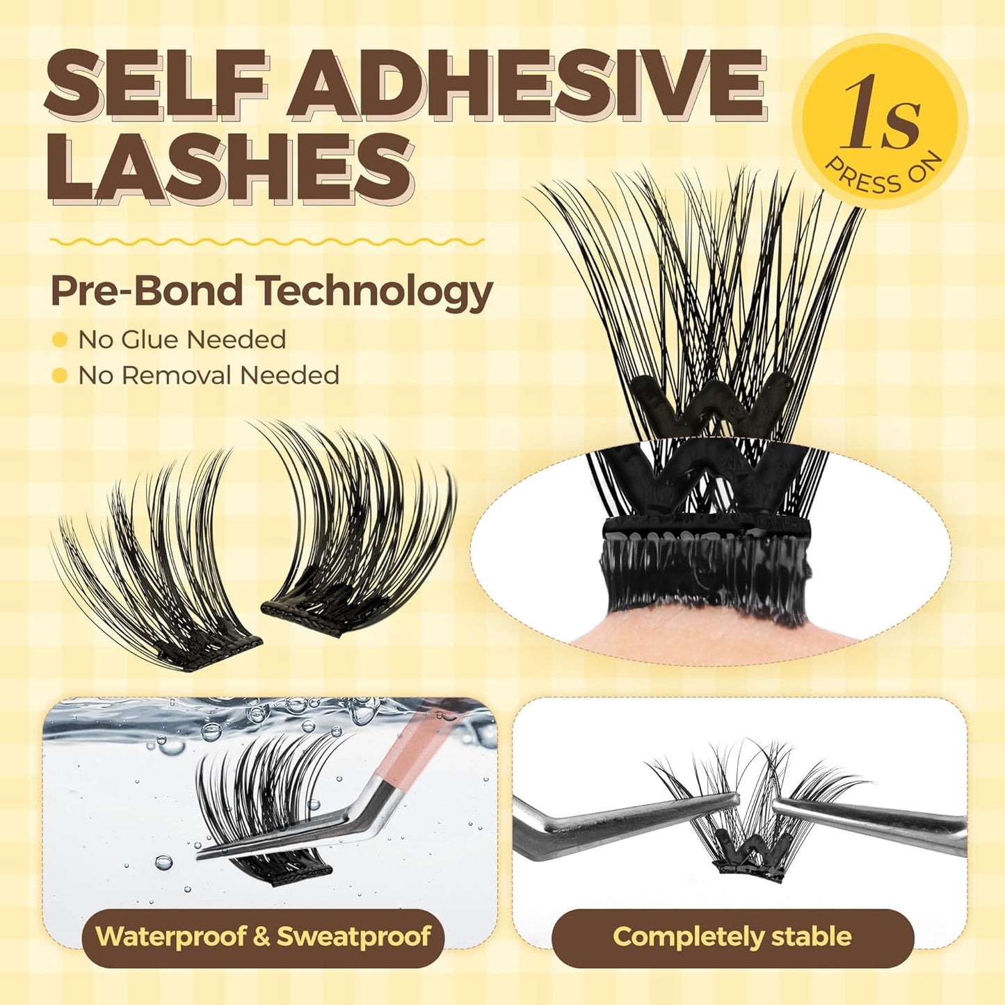 PopUp Self Adhesive Eyelashes Clusters, Press On Lashes Pre Glued Eyelash Extension Kit with Lash Tweezer,10-16mm No Glue No Remover Needed Self Adhesive Lashes Clusters ZNF23-FemmiqueWomen