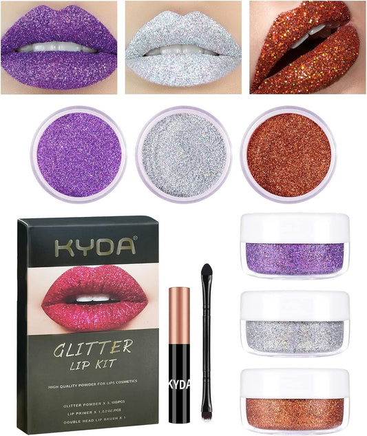 3 Colors Glitter Lip Kit, Diamond and Metallic Powder With Primer, Waterproof Long Lasting & Smudge Proof, Shimmer Sparkly Cosmetic Without Sticky Flake Off Set C-FemmiqueWomen