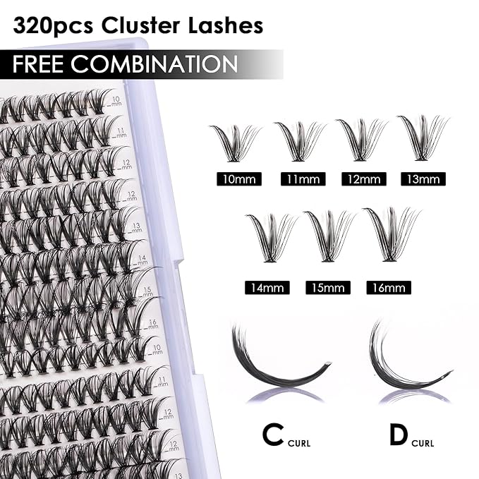 Lash Clusters 320pcs Individual Lashes 30D&40D DIY Lash Extensions D Curl Lash Clusters False Eyelashes Natural Look 10-16mm Mix Cluster Eyelash Extensions EASY TO USE (30D+40D-0.07D)-FemmiqueWomen