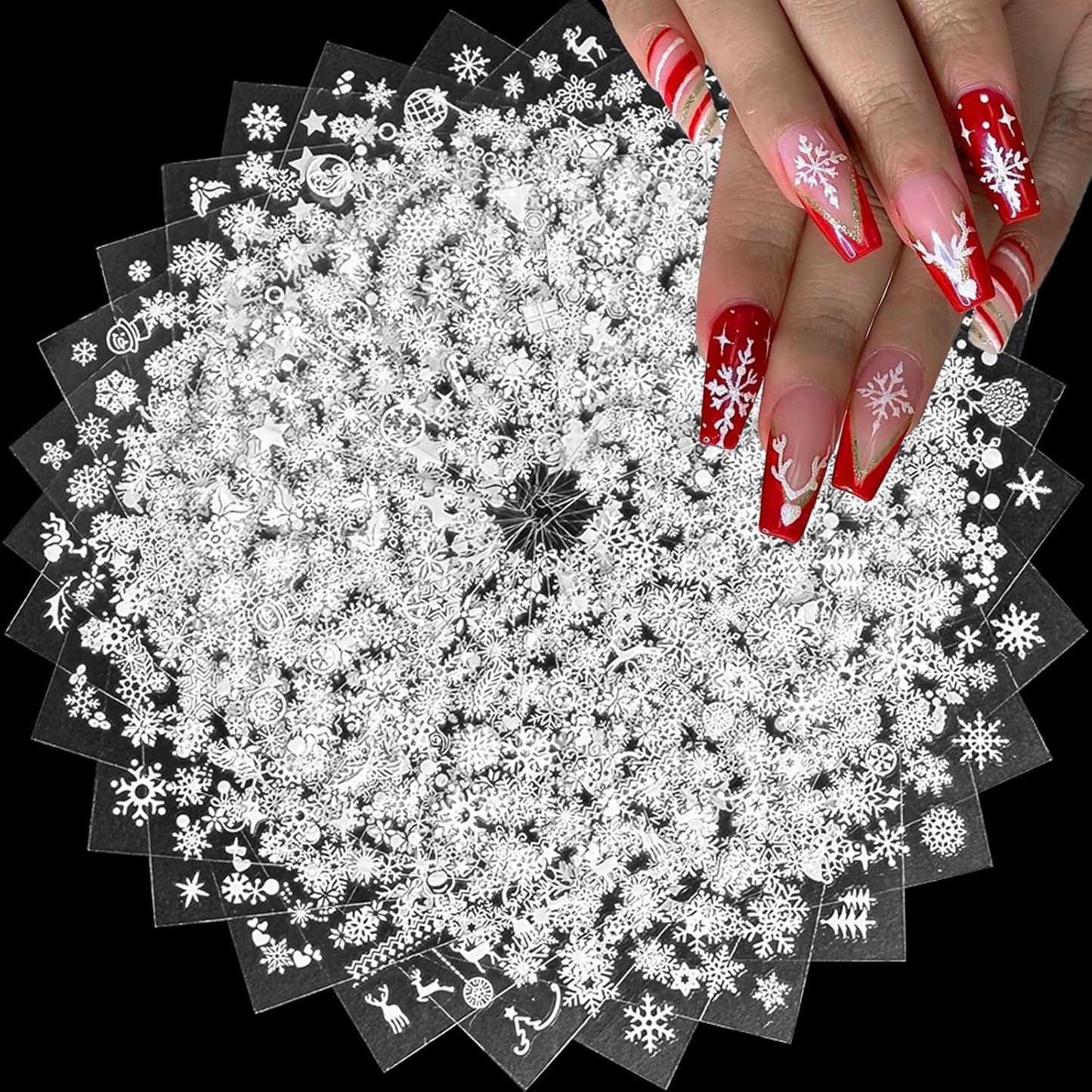 30 Sheets Christmas Nail Art Stickers 3D Self-Adhesive Snowflake Holiday Nail Stickers White Snowmen Santa Claus Elk Decals Decorations Supplies for Women (Snowflake)-FemmiqueWomen