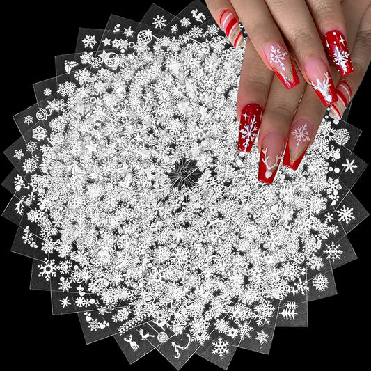 30 Sheets Christmas Nail Art Stickers 3D Self-Adhesive Snowflake Holiday Nail Stickers White Snowmen Santa Claus Elk Decals Decorations Supplies for Women (Snowflake)-FemmiqueWomen