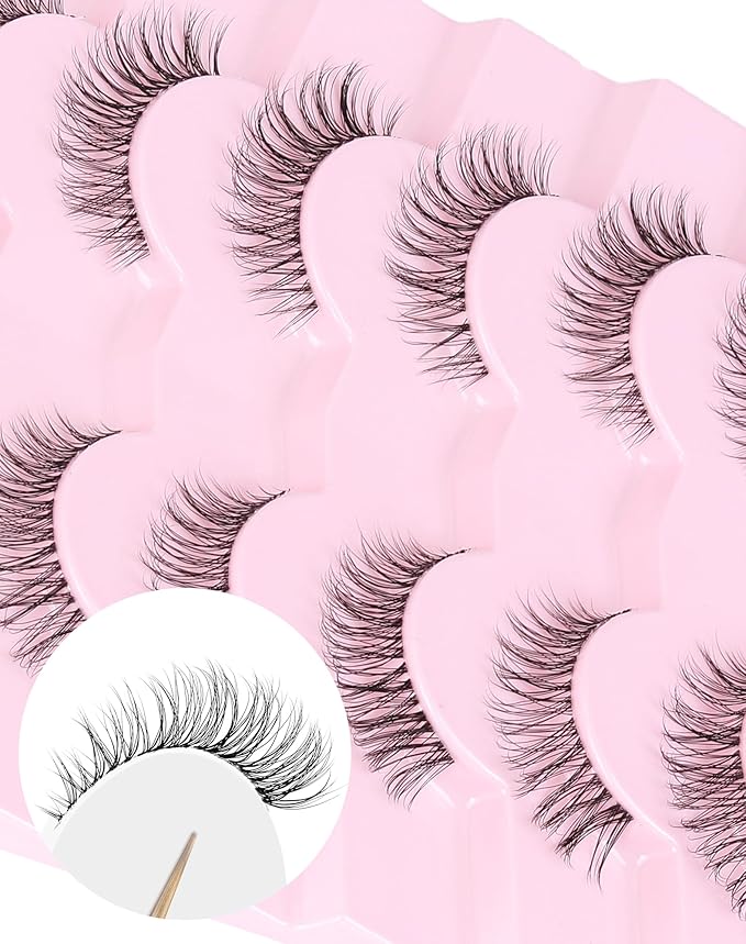 Natural Cat Eye Lashes Natural Eyelashes Wispy Mink Lashes Short Fake Lashes Clear Band Eye Lashes Pack 7 Pairs Small Demi Wispies Eyelashes-FemmiqueWomen