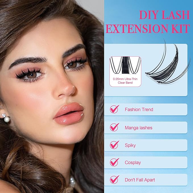 Lash Clusters - Lash Clusters Kit Mix Manga Lash Clusters 0.07D Lashes Clusters Anime Lashes Ultra-Thin Invisible Band 0.05mm DIY at Home No Lash Glue Included-FemmiqueWomen