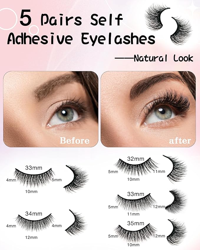 Self Adhesive Eyelashes Natural Look False Eyelashes Reusable Self Stick Lashes, No Glue Needed, 5 Pairs Mixed-FemmiqueWomen