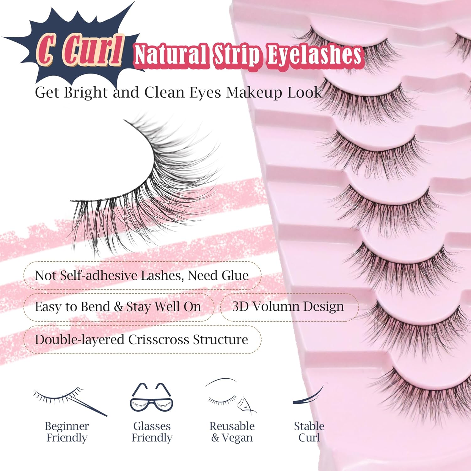 Lashes Natural Look 12MM False Eyelashes Wispy C Curl Short Eye Lashes False Lash Pack with Thin Cotton Band 3D Volume Fake Eyelashes 7 Pair Siligli-FemmiqueWomen