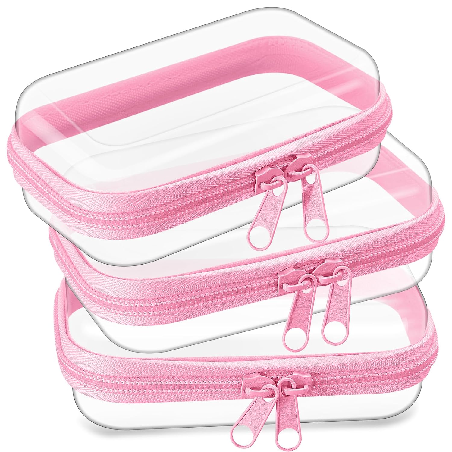 Hoolerry 3 Pcs Clear Hard Zipper Case Plastic Pouch Transparent Hard Case Clear Makeup Bag Portable Travel Organizer Bin for Cosmetics, Building Blocks, Puzzles(Pink,Xs)-FemmiqueWomen