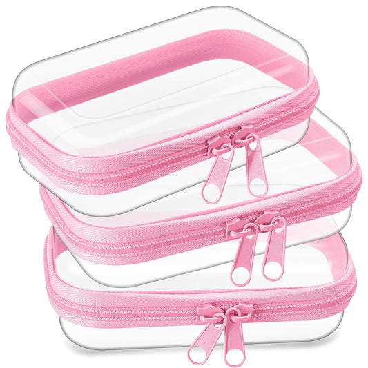 Hoolerry 3 Pcs Clear Hard Zipper Case Plastic Pouch Transparent Hard Case Clear Makeup Bag Portable Travel Organizer Bin for Cosmetics, Building Blocks, Puzzles(Pink,Xs)-FemmiqueWomen